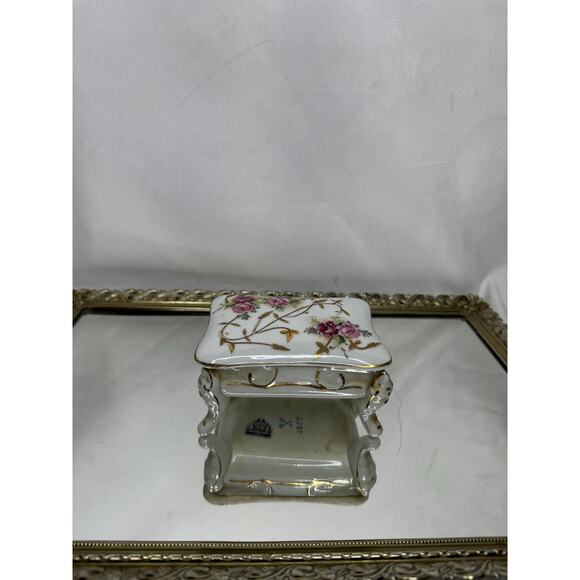 Vtg Arnart Creations Lidded Footed Trinket Dish w/ Gold Trim and Rose Transfer - Picture 2 of 8